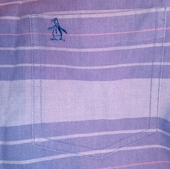 PENGUIN Mens Blue Striped Short Sleeve Button Front Shirt Size Large Slim Fit - Picture 7 of 11